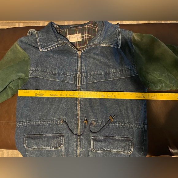 Vintage Arizona 90s Jean Jacket Flannel Lined Suede Leather Sleeves chore Coat L - Picture 12 of 15